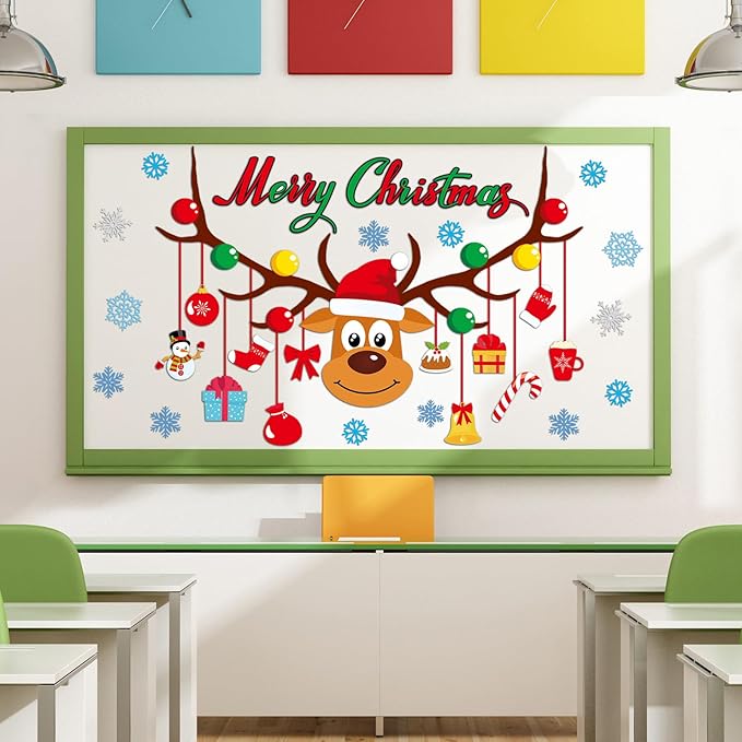Christmas Bulletin Board Set Classroom Decorations Large Elk Snowflakes Paper Cutouts Merry Christmas Bulletin Boards Xmas Classroom Supplies for Kids Winter School Nursery Home Chalkboard Wall Decor