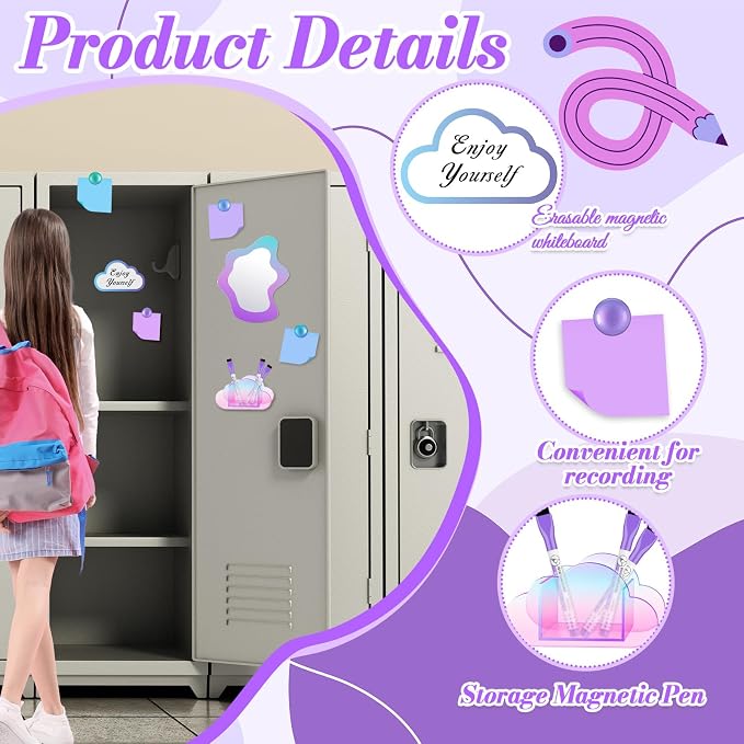 Denylo pro Magnetic Locker Accessories Kit Colorful Purple Back to School Essentials Locker Organizer Supplies Include Mirror Whiteboard Pen Holder Magnetic Pen Clasp Magnet Back to School Essentials