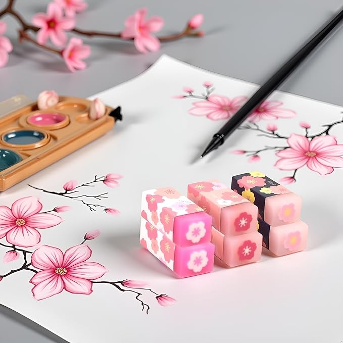 3 Pcs Pink Lovely Cherry Blossoms Rubber Erasers of Sakura Petal Sketch Painting Pencil Correction Tool School Office Stationery Supply Standard Pencil Erasers