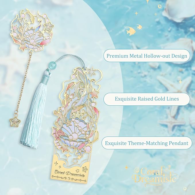 2 Pcs Metal Bookmark Gift Box, Golden Hollow Bookmarks Ocean Painting Theme Book Mark for Women, Book Lovers Writers Readers and Teens, Perfect for Birthday and Graduation Gifts(Green)