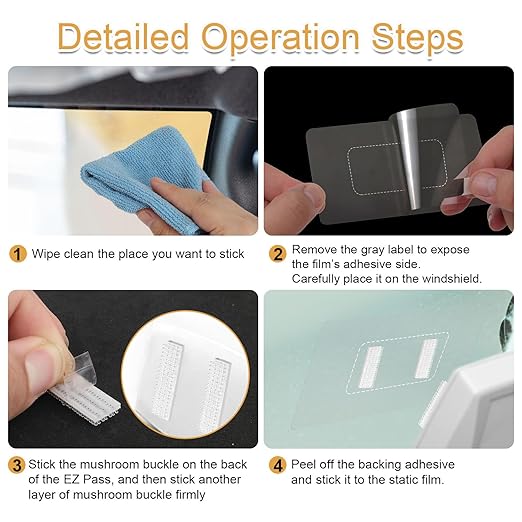 Gosknor EZ Pass/IPass/IZoom/SunPass Toll Tape, Including 16pcs Dual-Lock Adhesive Strips (8 Sets) & 4pcs Static Films Easy to Install & Swap Transponder Mounting Tag Peel and Stick Kit