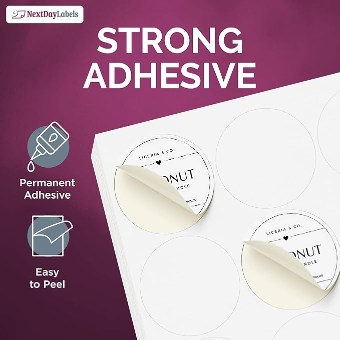 NextDayLabels 2 Inch Round Circle Stickers White Blank Labels for Laser Inkjet Printer - 20 Per Sheet Self-Adhesive Jar Candle Product Packaging Made in USA - 500 Labels