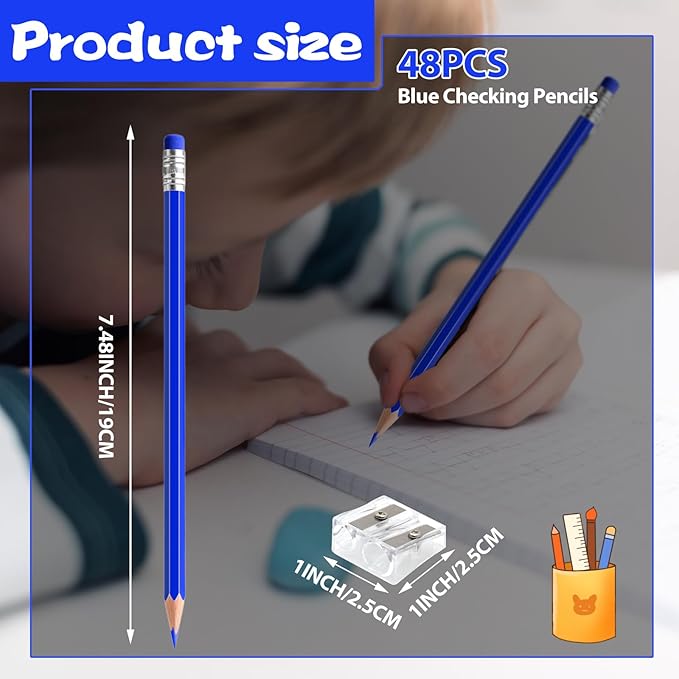 48 PCS Blue Pencils Bulk with Eraser, Pre-Sharpened HB Pencils for Writing & Drawing, School Supplies for Kids Homework, Tests, Art Crafts & Teacher Grading (Blue)