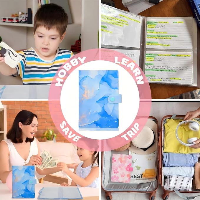 Receipt Organizer Picture Album Binder Holding Coupons Business Cards with 104 Pockets, Potable Accordion Binder 6.7x4.8inches for Storage Details Organizer - Marble Blue