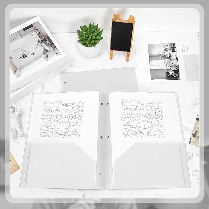 Yeaqee 100 Pcs Plastic Folders with Pockets Bulk 3 Hole Punched 2 Pocket File Folders for 3 Ring Binder Divider Folder for Notebooks, Durable Poly for Office Home (White)
