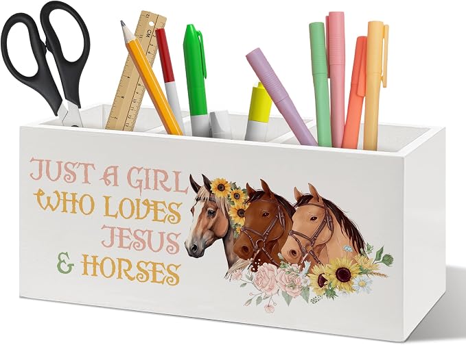 Christian Jesus Horse Pen Holder Organizer, Horse Lover Gifts, Christian Desk Decor, Floral Farm Horses Wooden Pen Pencil Holders for Girls Room Office Desk Accessories