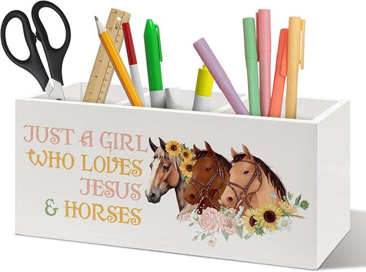 Christian Jesus Horse Pen Holder Organizer, Horse Lover Gifts, Christian Desk Decor, Floral Farm Horses Wooden Pen Pencil Holders for Girls Room Office Desk Accessories