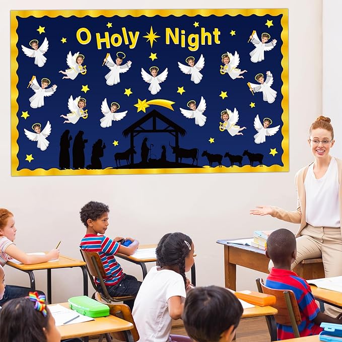Christmas Nativity Religious Bulletin Board Set - Angel DIY Photo Craft Bulletin Board Classroom Decoration Nativity Scene Cutouts for School Church Chalkboard Wall Office Decor