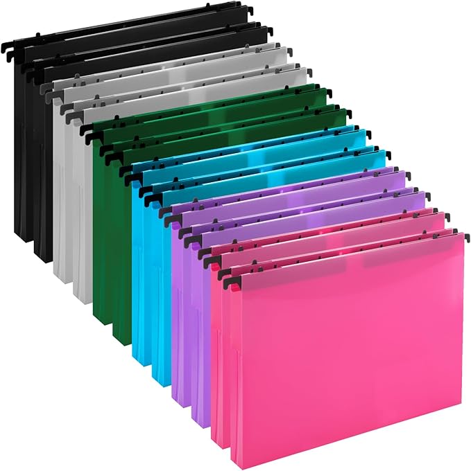 12 Pack Plastic Extra Capacity Hanging File Folders, Expanding Hanging File Folder Letter Size, File Cabinet Folders for Filing Cabinet Office Home, 6 Colors