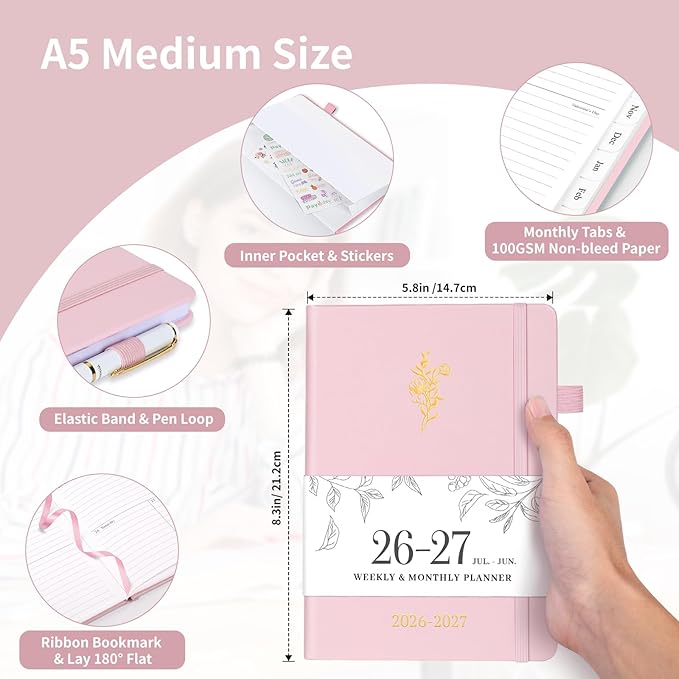 Planner 2026-2027, Weekly and Monthly Planner with Tabs from Jul 2026 - Jun 2027, A5 Hardcover Academic Calendar with Date for School & Office Schedule, 5.8" x 8.3", Pink