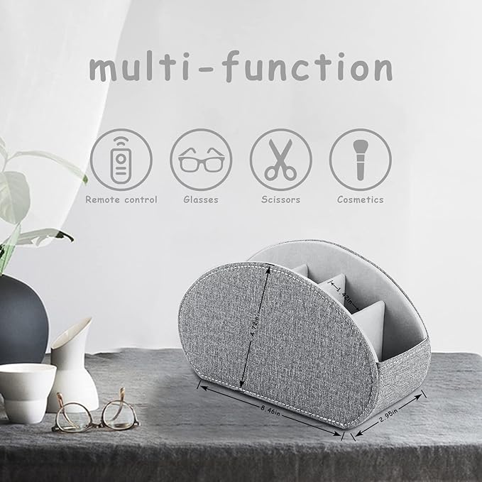 Tv Remote Holder Tray with 5 Compartments,PU Leather Remote Control Holder/Caddy Nightstand Decoration,Placed Media Remote Storage Box/Glasses/Makeup Brush/Office Products/Desktop Organizer (Grey）