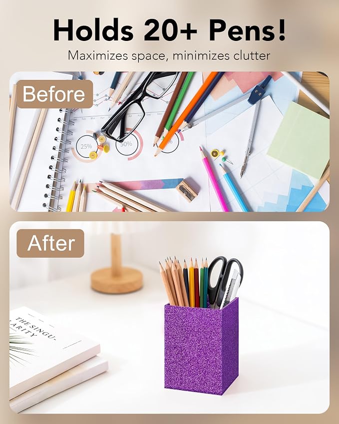 Purple Glitter Acrylic Pen Holder, Acrylic Makeup Brush Storage Organizer, Pencil Pen Holder for Desk, Modern Desktop Accessories for Office School Home Supplies