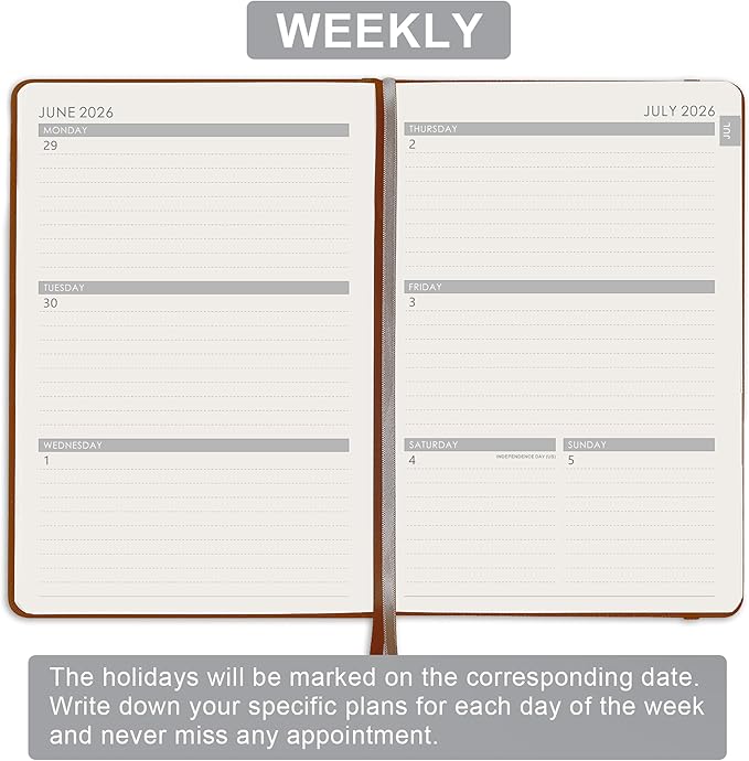 2026-2027 Planner - Academic Planner 2026-2027 Weekly & Monthly, July 2026 - June 2027, 5.75" x 8.25", Saffiano Leather with Thick Paper, Back Pocket with Notes Pages - Brown