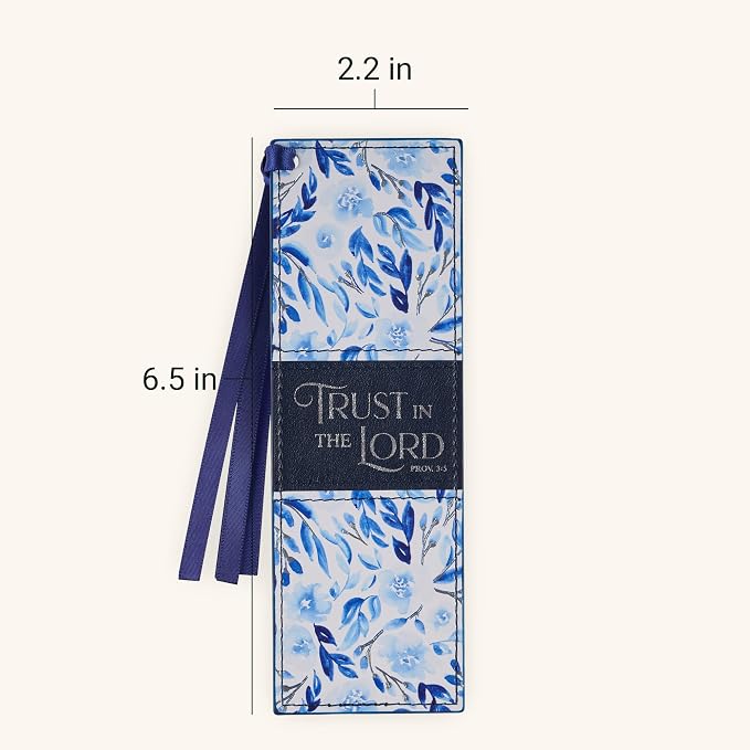 Christian Art Gifts Premium Vegan Leather Inspirational Scripture Bookmark for Women: Trust in the Lord Encouraging Bible Verse, Cute Satin Ribbon for Reading Books & Bibles, White/Blue/Silver Floral
