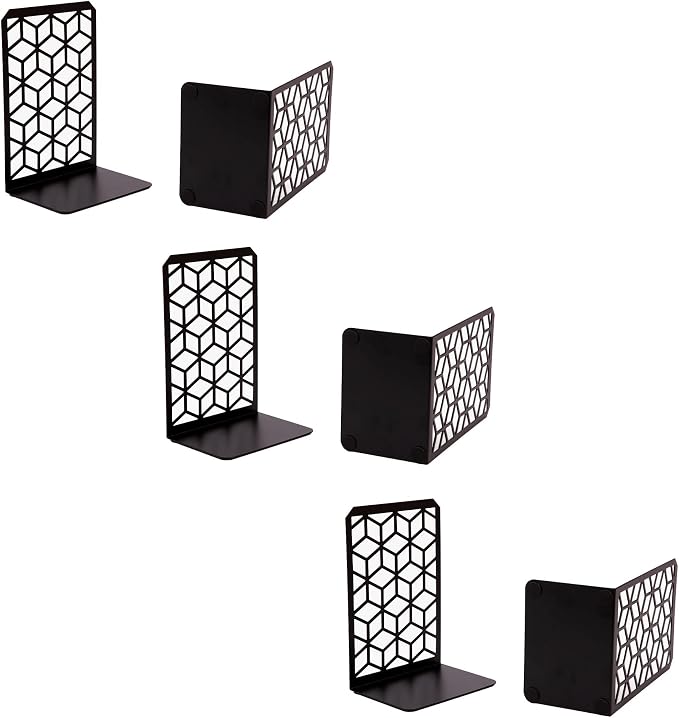 Geomod 3D Cube Black Metal Bookends Decorative for Heavy Books - Sturdy Boho Book Stops - Minimal Book Shelf Stopper - Durable Office Bookends - Weighted Metal Book Holders - 7x4.75 Inches - 3 Pair