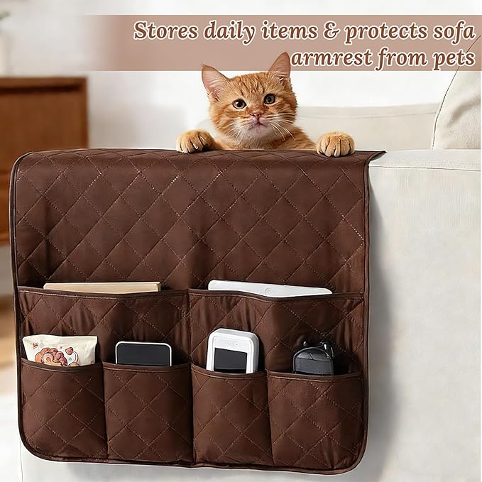 Sofa Armrest Organizer with 6 Pockets, Remote Control Holder for Recliner, Non-Slip Couch Sofa Chair Armrest Organizer, Armchair Caddy Bedside Storage for Magazine Book TV Phone iPad Tablet (Coffee)