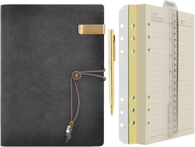 WONDERPOOL Leather Journal A5 Refillable 6 Ring Binder Notebook with Lined Paper and Pen,Writing Diary for Work Travel and Agenda Plan (A5, Grey)