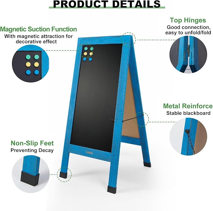 Large Sandwich A-Frame Chalkboard Sign - 40 x 20 Inches Blue Magnetic Wooden Chalk Board for Sidewalk, Stand up Double-Sided Outdoor Easel Display for Restaurant Cafe Shop Wedding Party or Business
