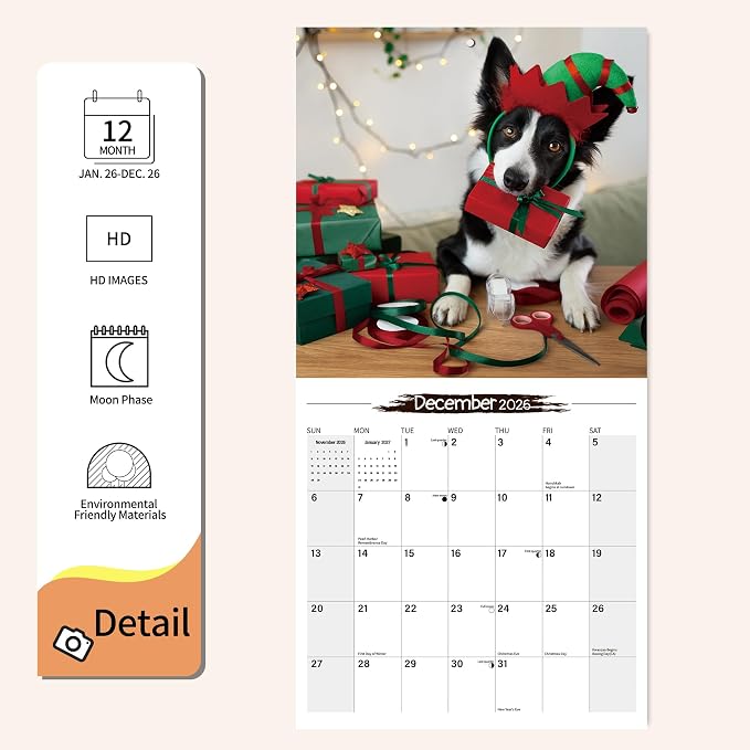 2026 Wall Calendar Border Collie Planner Calendar, Hangable Monthly Wall Calendar with Large Blocks for Organizing & Planning, Academic Schedule, Home, Office & family, Thick & Sturdy Paper (12"x24" Open)
