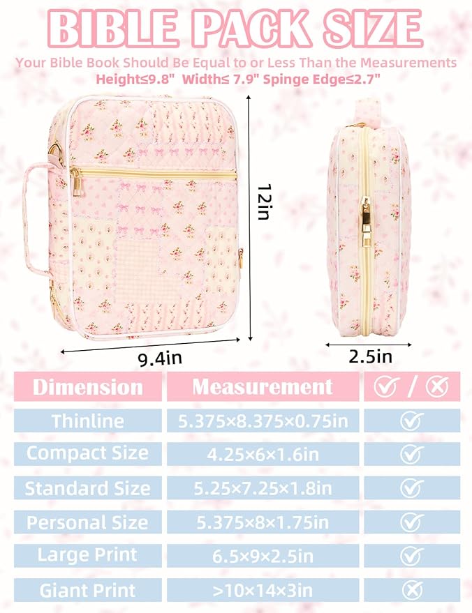 Large Bible Cover Case for Women - Bible Case with Durable Handle, Shoulder Strap - Quilted Bible Cover with Bible Study Supplies- Christian Gift for Women Girls Friends