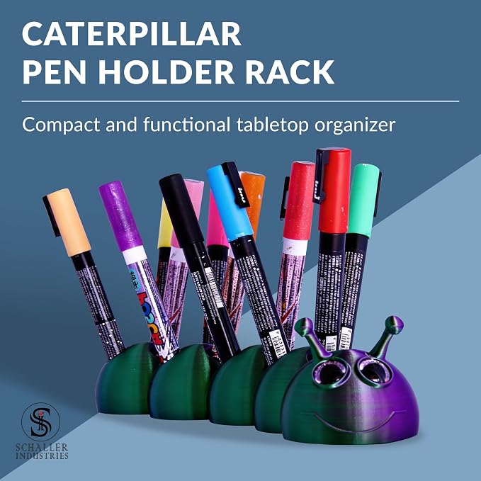 S I Schaller Industries Aesthetic Pen Holder for Desk 16mm Slot Size-Fun Metallic Purple Green Caterpillar Pencil Holder - Cute Pen Rack Holds 15 Pens, Compatible with Pencil, Marker & Office Supplies