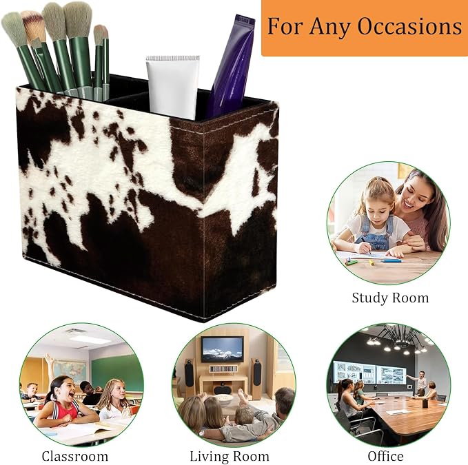 Pen Holder for Desk, PU Leather Multifunctional Desktop Storage Box and Anti-Slip Mouse Pad Set, Makeup Brush Holder Pen Organizer for Office and Home - Cow Hide Print