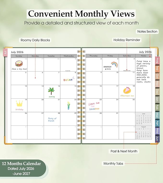 Academic Planner 2026-2027, Hardcover Leather Weekly and Monthly Calendar Planner from July 2026 - June 2027, A4 8.5" x 11" Daily Agenda with Tabs, College School Organizer for Student Teacher, Green