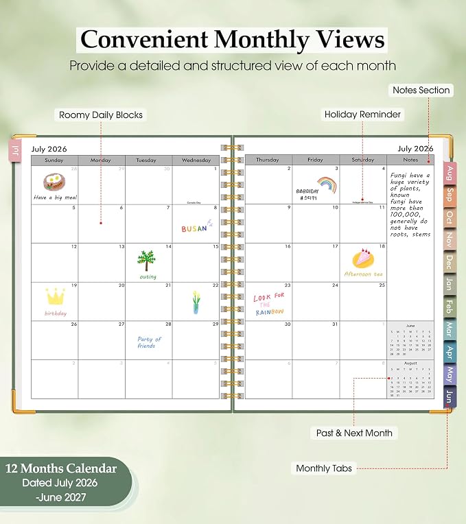 Academic Planner 2026-2027, Hardcover Leather Weekly and Monthly Calendar Planner from July 2026 - June 2027, A4 8.5" x 11" Daily Agenda with Tabs, College School Organizer for Student Teacher, Green