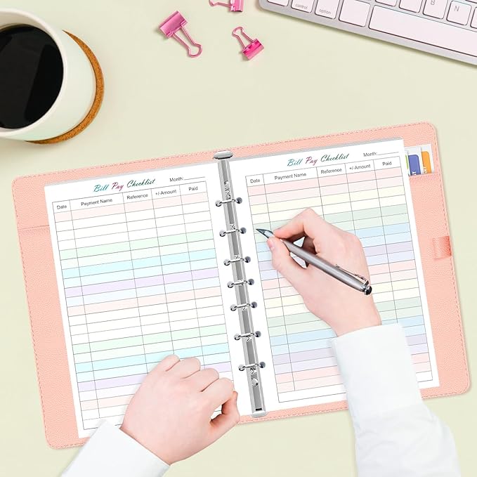 (2-Pack) Payment Checklist Refills Paper for Mini 3 or 7 Ring Binders - 50 Sheets/100 Pages Colorful Monthly Budget Forms, 7 Hole Punched/Desk Size 4, 100 gsm White Paper, 5.8" x 8.3"