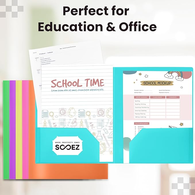 Sooez 6Pack Folders with Pockets, Pastels Colors, Heavy Duty Pocket Folder, Plastic Folders with Pockets, 2-Pocket Folder Bulk, Aesthetic File Folder, Back to School Office Filing Supplies