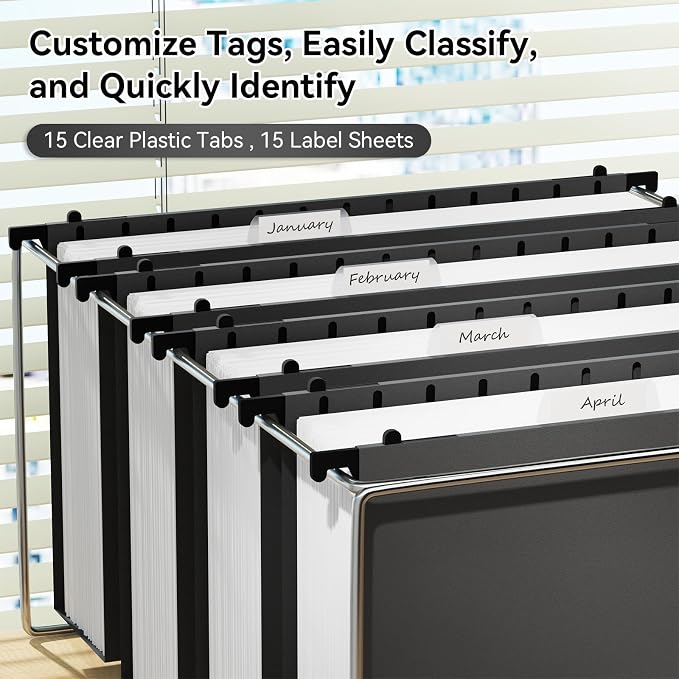 Ansook Plastic Legal Size Hanging File Folders, 12 Pack Black Legal Size File Folders, Heavy Duty 3 Inch File Folders Hanging with Tabs, Hanging File Folder Organizers for Office Home School