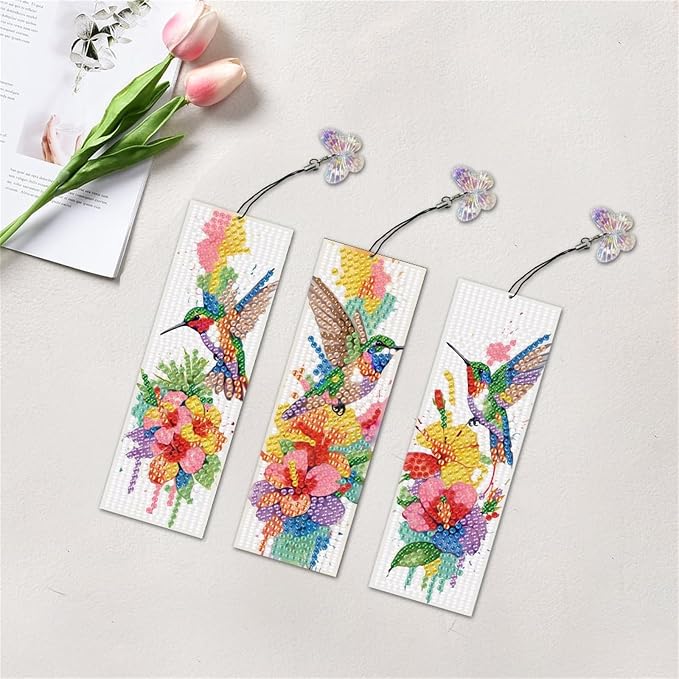 3Pcs DIY Diamond Art Painting Bookmarks with Colorful Butterfly Pendant PET Bookmark Ornament Double Sided Pattern Single Sided Diamond Book Marker Clip Gifts Tags-Flower Hummingbird