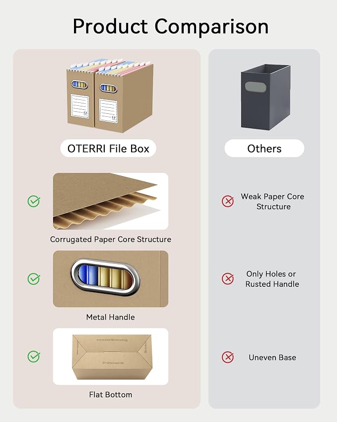 Oterri File Organizer Box, Portable Collapsible Cardboard File Folder Organizer with Handle for Letter Size Hanging Files, Document Storage Box for Home Office & Classroom (8 Packs, Mixed Colors)