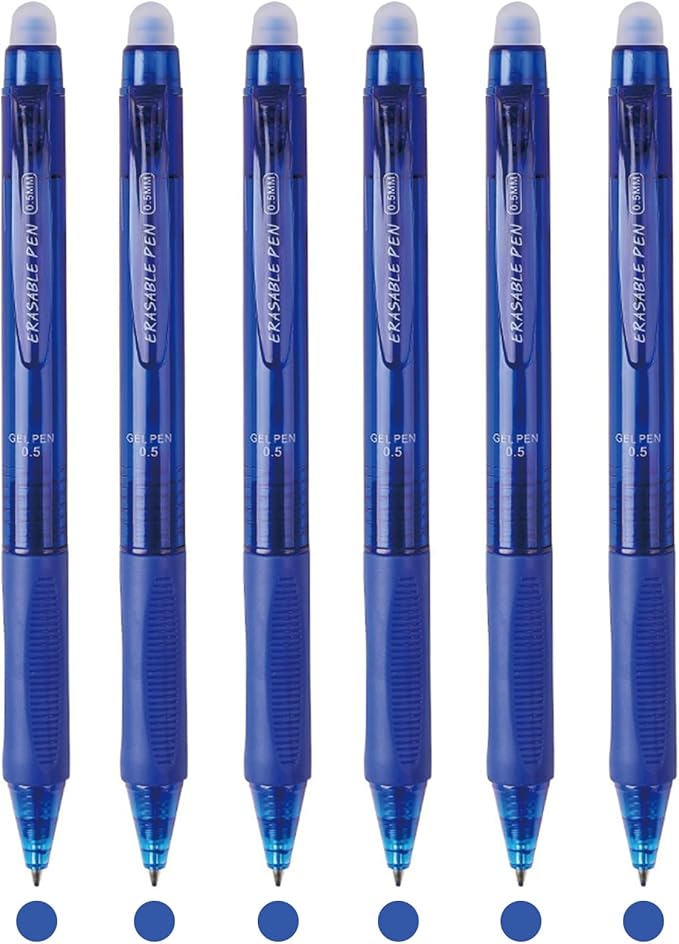 MOZXIRZ 6 Pcs Erasable Pens Retractable Gel Pen 0.5mm Blue Ink Point Smooth Writing Pen Cute Erasable Pens for Women Girls Men Boys Back to School Supplies Office Supplies (6Pcs Blue Ink)