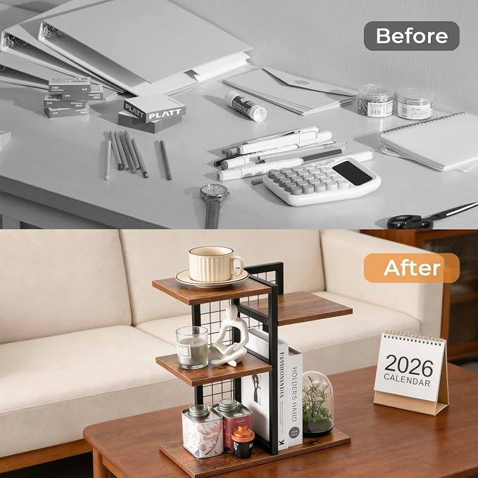 4-Tier Desktop Shelf Organizer, Desk Bookshelf with Wood Shelves and Metal Frame, Space-Saving Tabletop Storage Rack for Books, Decor and Office Supplies, for Home Office or Dorm