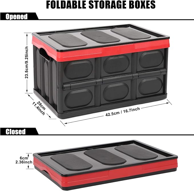 Phyllia 28L-Black Plastic Storage Crates, Pack of 2 Collapsible Plastic Crates Bins Basket, Stackable Storage Boxes Container with Lid for Car Home Office Kitchen Clothes Shoes