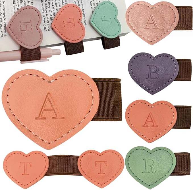 Personalized Magnetic Leather Heart Bookmark with Pen Holder - 26 Letters Custom Book Mark Notebook Pencil Loop with Initial Book Marker for Readers, Book Lovers- Gifts for Women Men(Black & Orange,A)