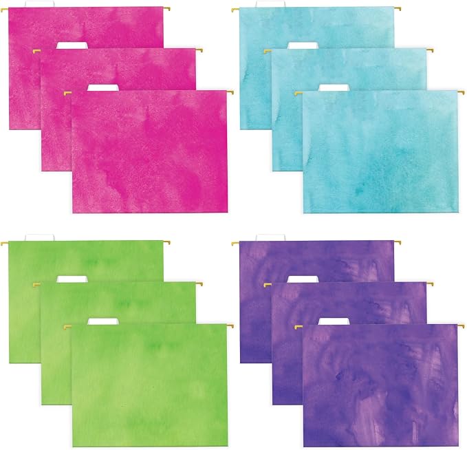 Global Printed Products Deluxe Designer Printed Hanging File Folders, 4 Patterns, Letter Size, 12/pk (Watercolor Solid)