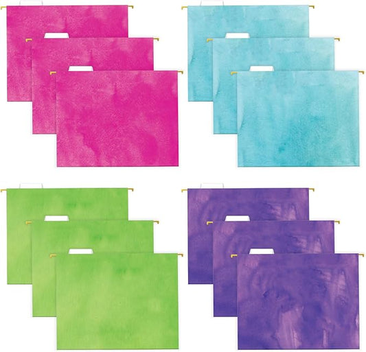 Global Printed Products Deluxe Designer Printed Hanging File Folders, 4 Patterns, Letter Size, 12/pk (Watercolor Solid)