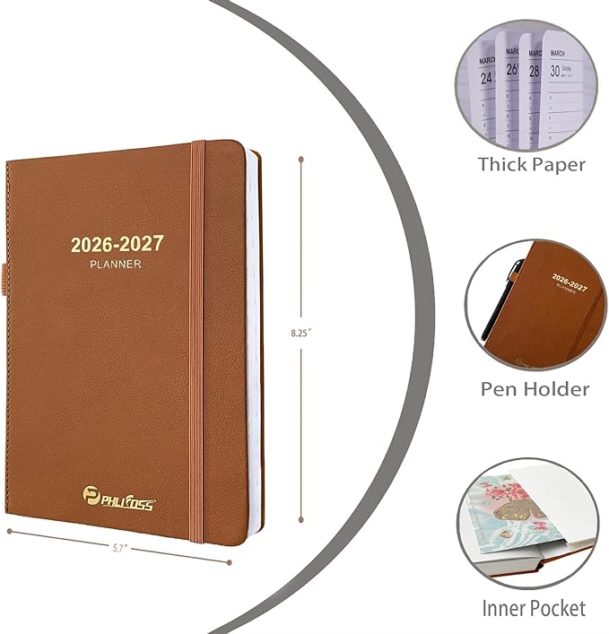 Daily Planner 2026-2027, One Page Per Day, Academic Calendar (July 2026 - June 2027), Appointment Book with Time Slots and Monthly Tabs, 5.7" x 8.25", Pocket, Leather Cove (Brown)