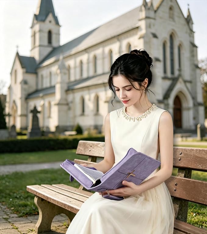 Vegan Leather Bible Cover for Men & Women, Bible Case with Gift Box, Christian Catholic Religious Bible Gifts (Purple)