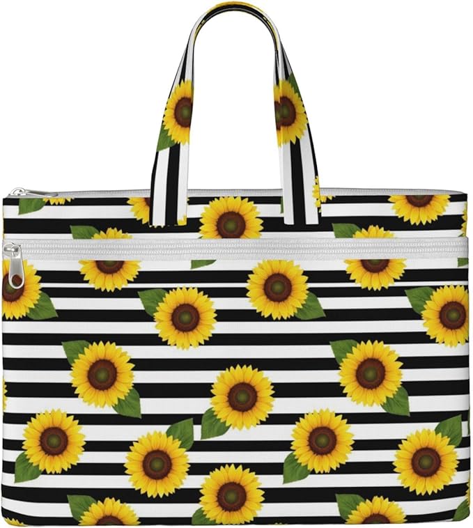 Canvas Document Storage Pouch with Handle, Lightweight Zipper File Bag Orange Sunflower Stripes for Office Books and Folders
