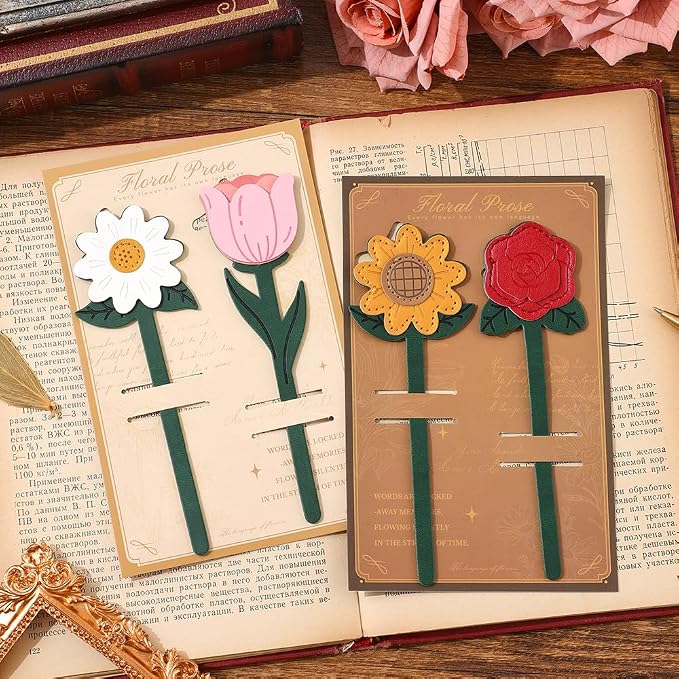 2 Pieces Bookmarks,Vintage Leather Flower Bookmarks for Women,Cute Bookmarks for Book Lovers,Teacher,Rose and Sunflower