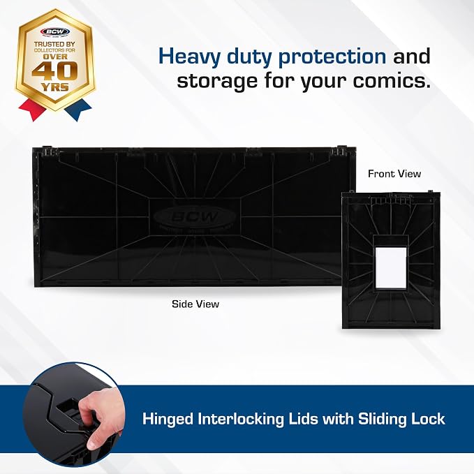 BCW Long Comic Book Bin - 2 Pack | Heavy Duty Comic Book Storage Box | Stackable Comic Bin Organizer for 300 Comics Each | Acid-Free Plastic Box with Divider & Label Slot