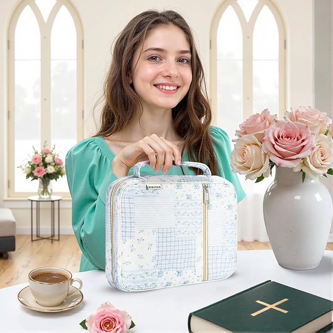 WOBAGMEN Bible Cover Case for Women,Large Bible Tote Bags Organizer Quilted Carrying Case for Girls,Bible Study Supplies Accessories Christian Gifts for Women (Blue Patchwork, M)