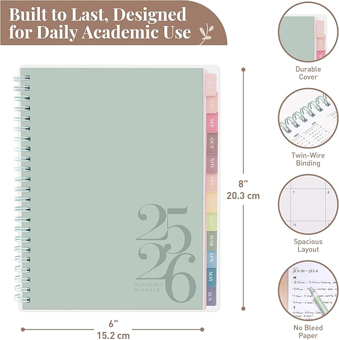 Rileys Academic Planner 2025-2026, Daily, Weekly & Monthly Planner, July 2025 - June 2026, Student Notes Pages, Twin-Wire Binding, Weekly Agenda for School & Work (8 x 6-Inches, Green, Classic)