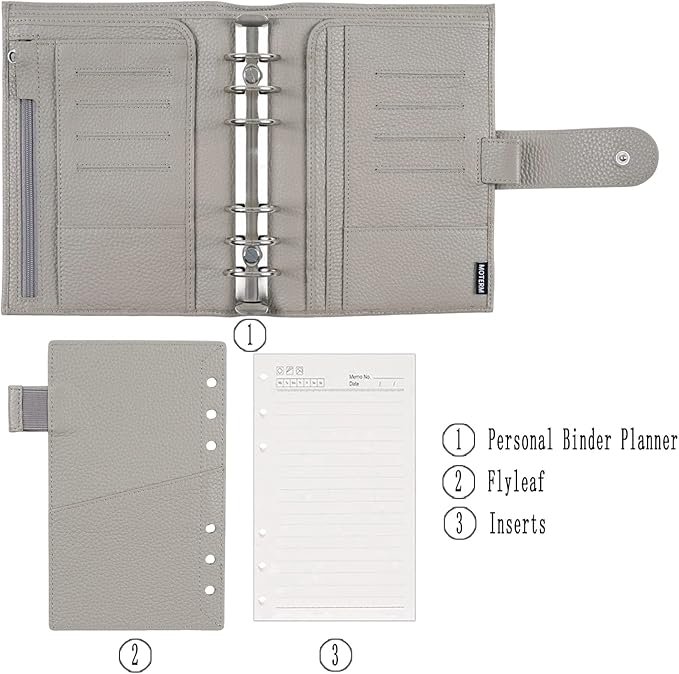 Moterm Personal Luxe Rings Planner - Genuine Leather Binder Organizer (30mm Ring, Pebbled-Gray)