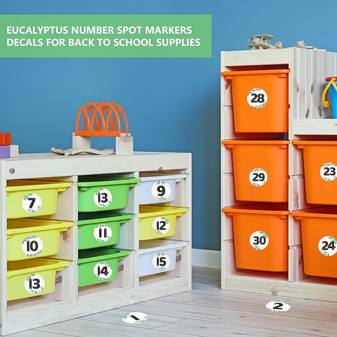 Floor Number Stickers for Classroom Lining up - 36PCS Eucalyptus Line up Spots for Classroom Floor Stickers Dots Floors Numbers Decals for Back to School Preschool Kindergarten Supplies