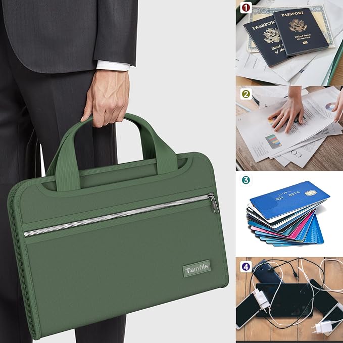 Tamfile Fireproof Accordion File Organizer with Handle, 13 Pocket Transparent Expanding File Folder (Green with Handle, 14.3" x 9.8" (Colour Pocket))