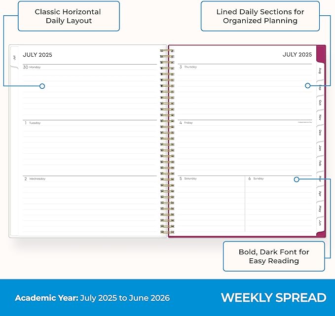 Blue Sky 2025-2026 Weekly and Monthly Academic Year Planner Calendar, July 2025 - June 2026, 8.5" x 11", Flexible Cover, Wirebound, Storage Pocket, Laminated Tabs, Mahalo